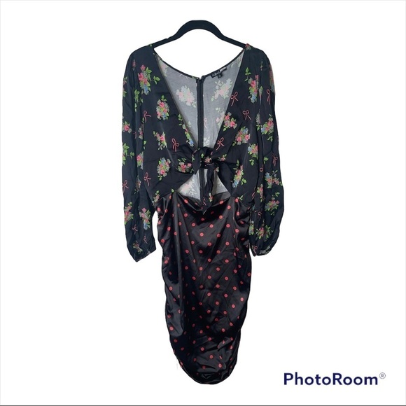 FOR LOVE & LEMONS Wilson Mixed Print Front Cutout Ruched Midi Dress Size 1X - Picture 7 of 11